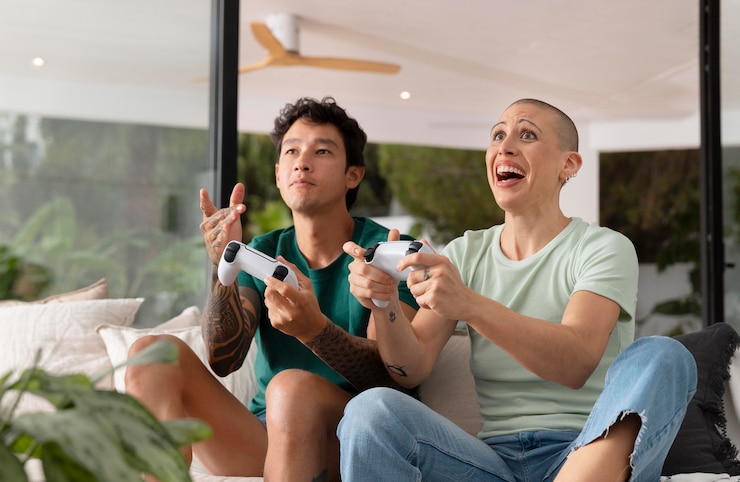 Photo Gratis pacar dan pacar bermain video game bersama di rumah