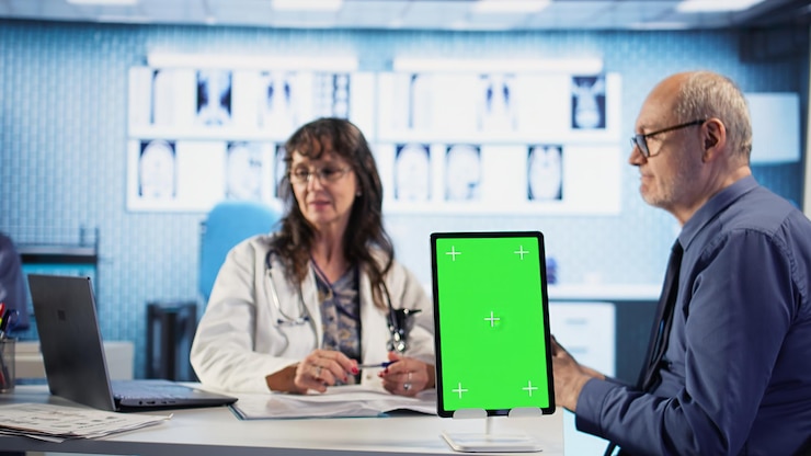 Foto gratuito un paciente de edad avanzada llega a una cita con un médico junto a una maqueta