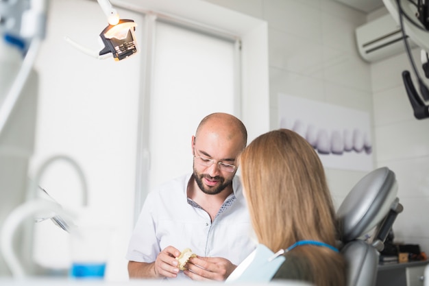 Paciente femenino delante del dentista masculino que sostiene la mandíbula dental