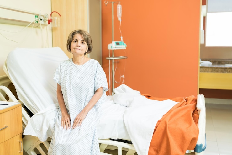 Foto gratuito paciente mayor con uniforme sentado en la cama en el hospital