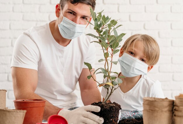 Padre e hijo aprenden a plantar juntos en casa