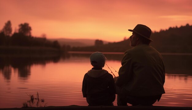 Padre e hijo pescadores se abrazan al atardecer generado por IA