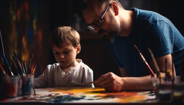 Padre e hijo se unen frente a una pintura colorida generada por IA