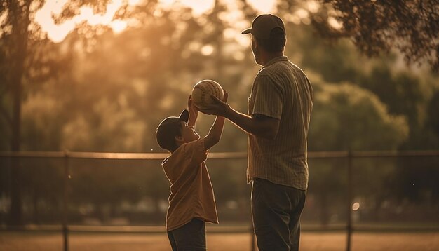 Padre e hijo se unen en la luz solar natural generada por IA