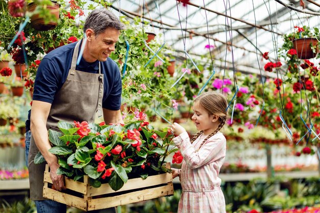 Padre feliz sosteniendo una caja con flores mientras su hija las admira en el vivero de plantas