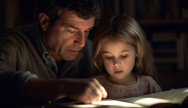 Un padre y una hija leen un libro juntos.