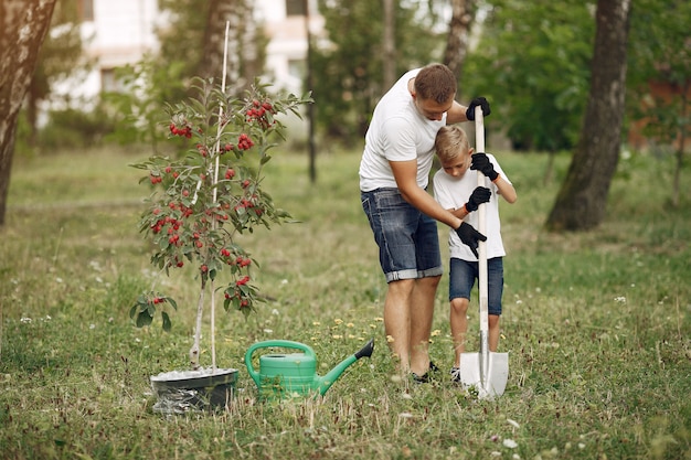 Padre con hijo pequeño están plantando un árbol en un patio