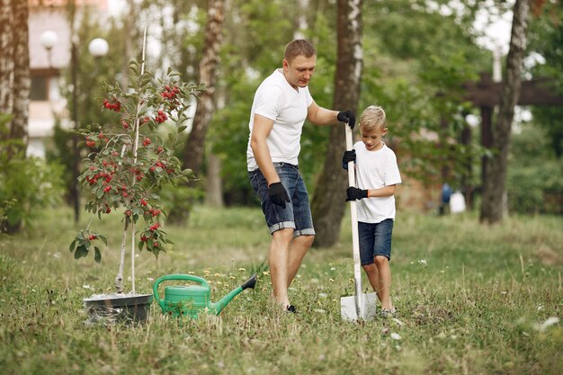 Padre con hijo pequeño están plantando un árbol en un patio