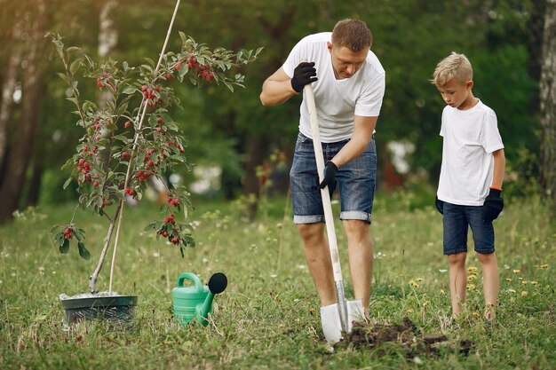 Padre con hijo pequeño están plantando un árbol en un patio