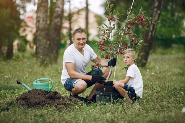 Padre con hijo pequeño están plantando un árbol en un patio