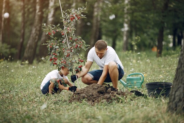 Padre con hijo pequeño están plantando un árbol en un patio