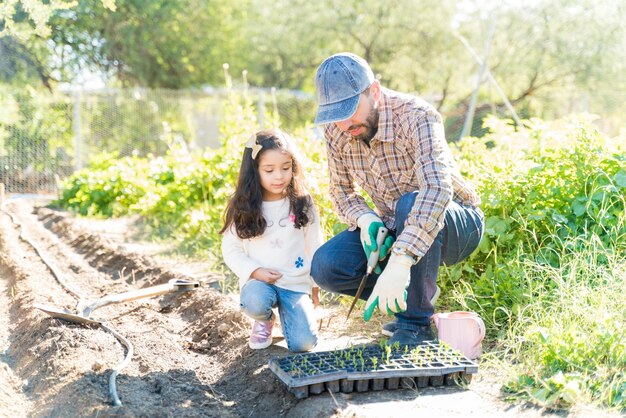 Padre instruyendo a su hija mientras planta plántulas en la granja