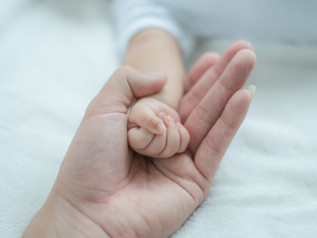 Enfoque Suave De Las Manos Del Bebe Y La Mama Nuevo Concepto De Proteccion De La Familia Y Del Bebe La Mano Del Bebe Sujeta Suavemente El Dedo Del Adulto La Madre