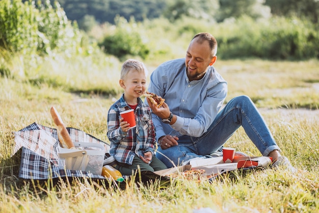 Padre con su hijo haciendo un picnic en el parque