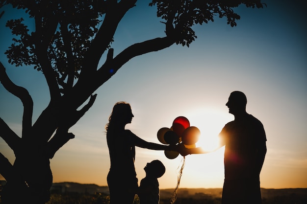 Los padres felices se divierten con su hijo en el césped verde debajo del árbol