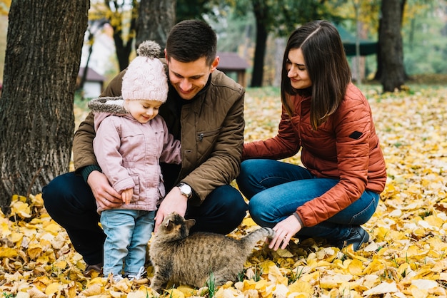 Padres jóvenes y niño pequeño jugando con gato en el parque de otoño