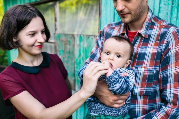 Padres, posar, hijo, posición, afuera