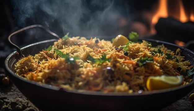 Paella gourmet cocinada con marisco y azafrán generada por IA