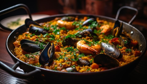 Foto gratuita paella gourmet con marisco fresco y saludable generada por ia