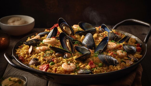 Paella de marisco fresco cocinada a la perfección gourmet generada por IA