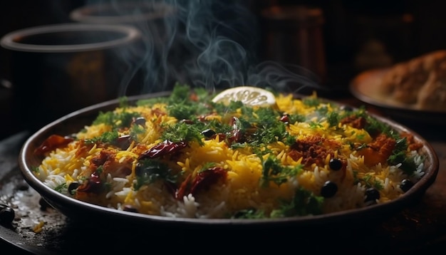 Paella de marisco gourmet recién cocinada en un plato generado por IA