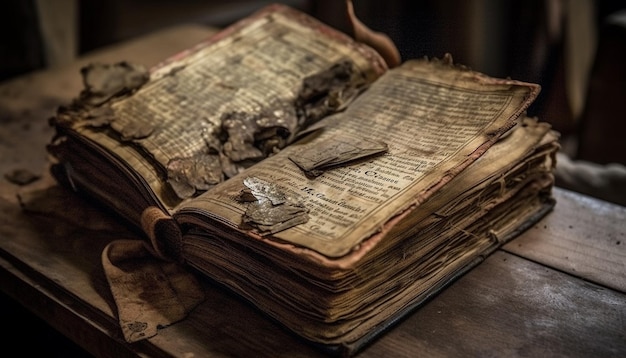 Página de la Biblia antigua en una mesa de libros antiguos generada por IA