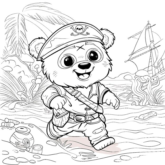 Página para colorear monocromática con piratas en estilo de arte de línea