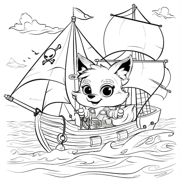 Página para colorear monocromática con piratas en estilo de arte de línea