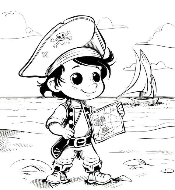 Página para colorear monocromática con piratas en estilo de arte de línea