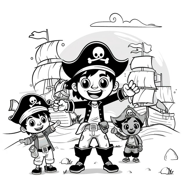 Página para colorear monocromática con piratas en estilo de arte de línea