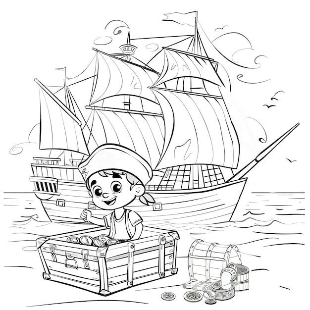 Página para colorear monocromática con piratas en estilo de arte de línea