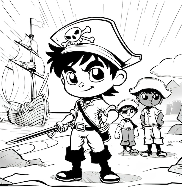 Página para colorear monocromática con piratas en estilo de arte de línea