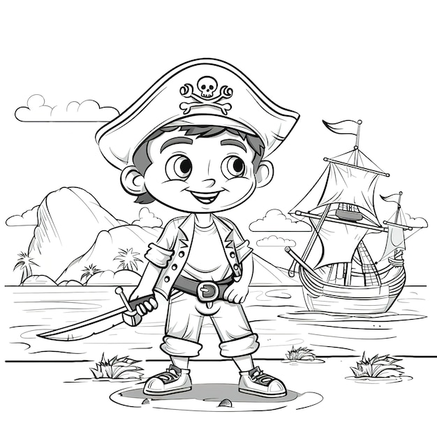 Página para colorear monocromática con piratas en estilo de arte de línea