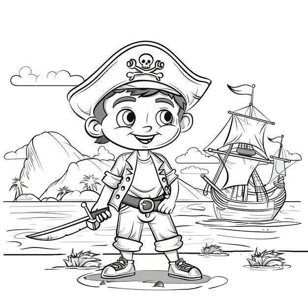 Página para colorear monocromática con piratas en estilo de arte de línea