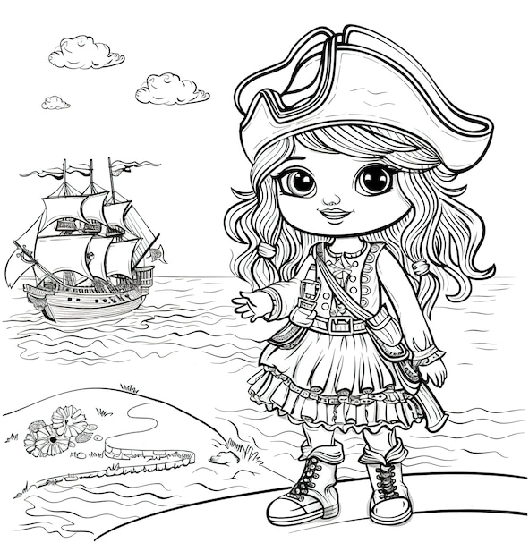 Página para colorear monocromática con piratas en estilo de arte de línea