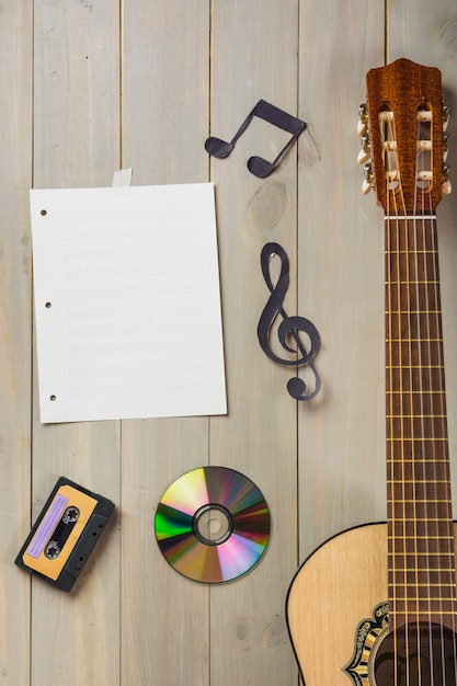 Página musical en blanco; cinta de casete; disco compacto; y nota musical pegada en pared de madera con guitarra.