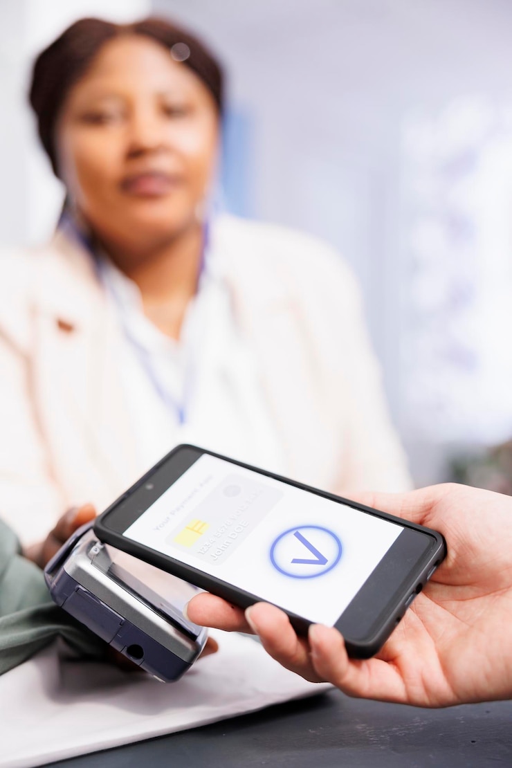 Foto gratuito pago sin contacto por teléfono inteligente. cajera afroamericana sosteniendo terminal pos revisando al cliente en una tienda minorista. cerca de la mano masculina sosteniendo el teléfono celular pagando con dispositivo móvil