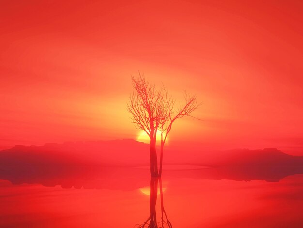 Paisaje 3D con árbol solitario contra un cielo al atardecer