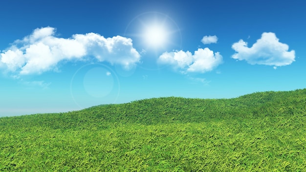 Paisaje 3D de una colina cubierta de hierba con nubes en un cielo azul
