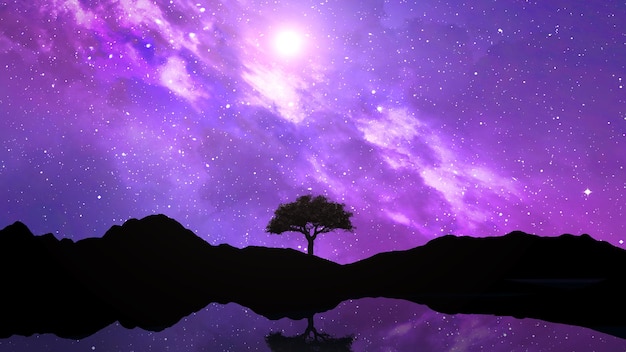 Foto gratuita paisaje 3d con silueta de árbol contra un cielo espacial nocturno