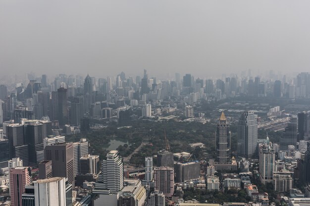 Paisaje aéreo del pintoresco Bangkok durante el día desde la azotea. Horizonte panorámico de la ciudad más grande de Tailandia. El concepto de metrópoli.
