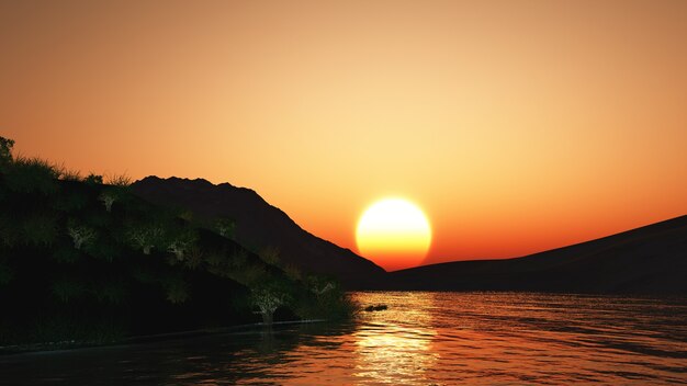 Paisaje al atardecer con colinas y lago.