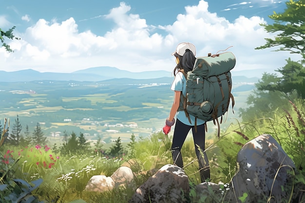 Foto gratuita paisaje de anime de una persona que viaja