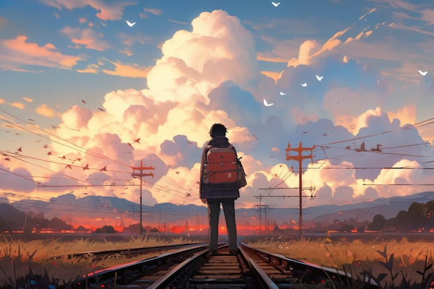 Foto gratuita paisaje de anime de una persona que viaja