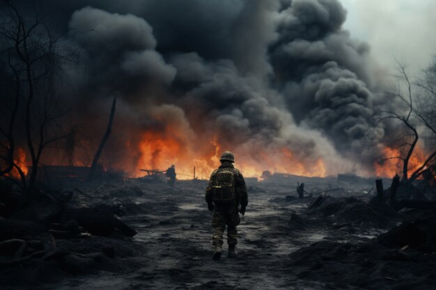 Paisaje apocalíptico de una zona de guerra con destrucción