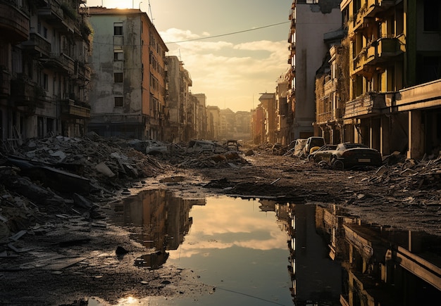 Foto gratuita paisaje apocalíptico de una zona de guerra con destrucción