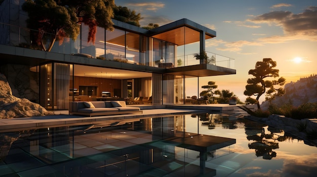 paisaje atardecer matriz arquitectónica de una impresionante villa moderna con piscina