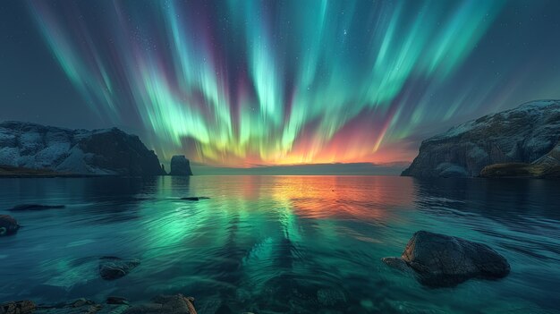 El paisaje de la aurora boreal sobre el mar