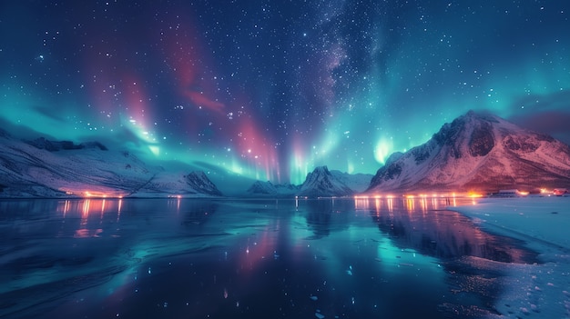 El paisaje de la aurora boreal sobre el mar