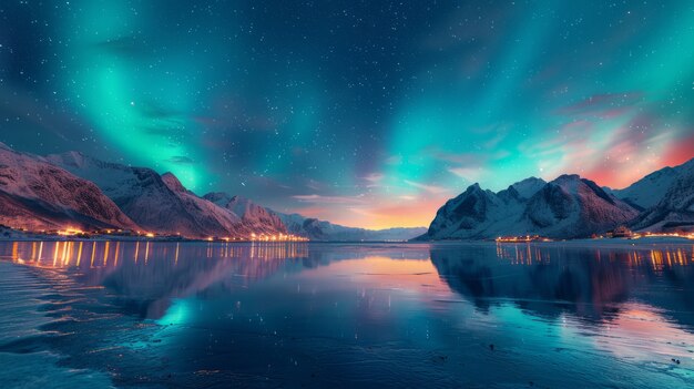El paisaje de la aurora boreal sobre el mar